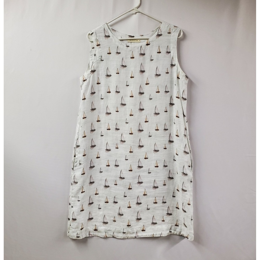 Sea Glass Lane Dress Medium White Linen Sailboat Print Coastal Beachy Nautical